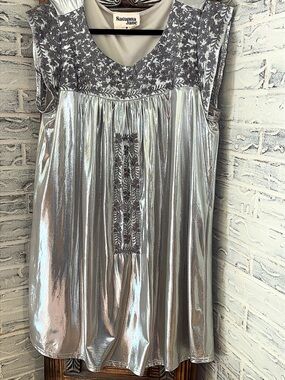 Savanna Jane Silver Metallic Sleeveless Tank with Embroidered Yoke
